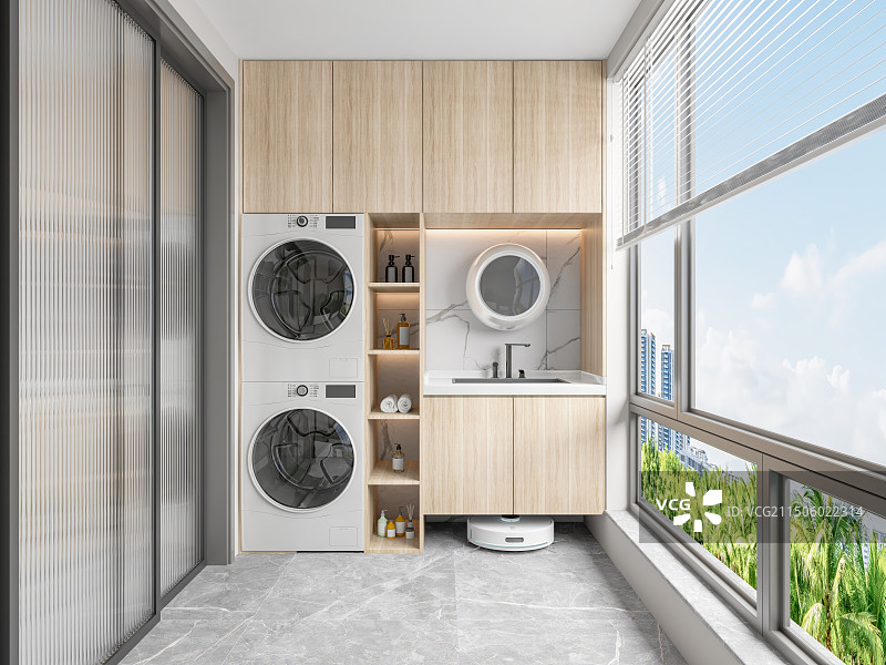 现代阳台嵌入式洗衣机和智能扫拖地机器人图片素材