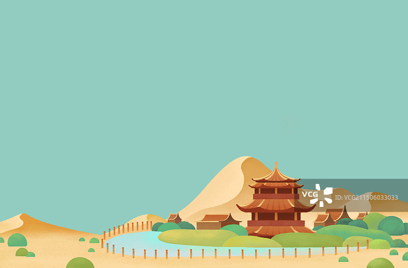甘肃敦煌月牙泉鸣沙山插画图片素材
