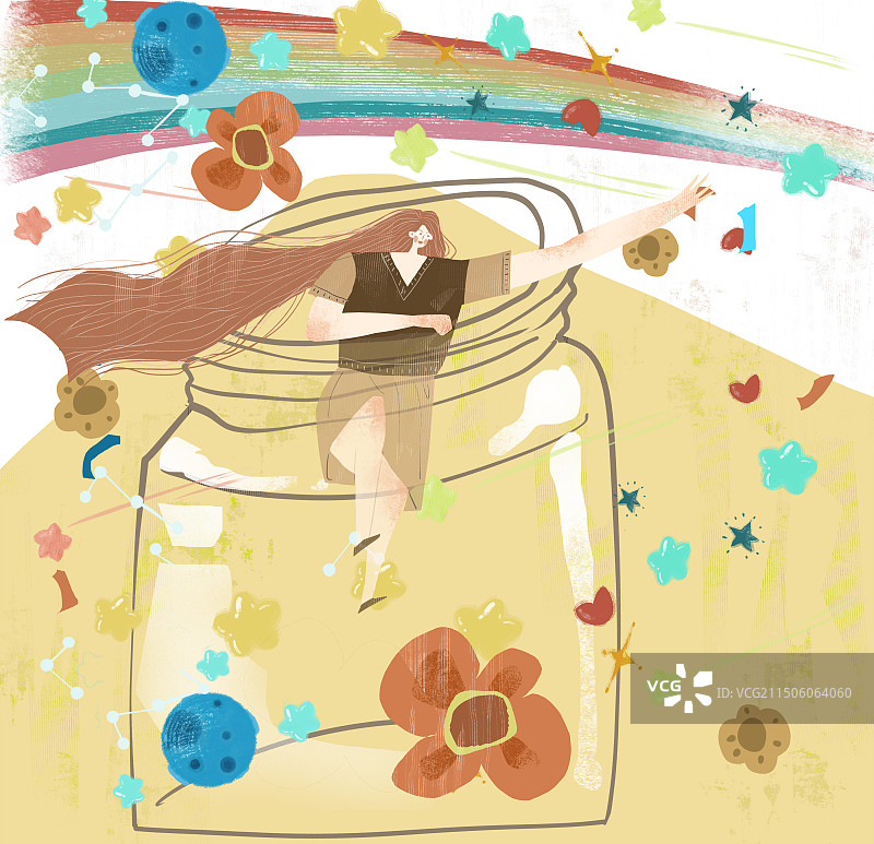 瓶中人出逃插画图片素材