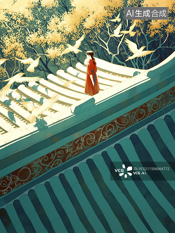 【AI数字艺术】冬天站在房顶最高处看鸟群飞过的女孩风景插画 屋顶俯视图 竖版图片素材