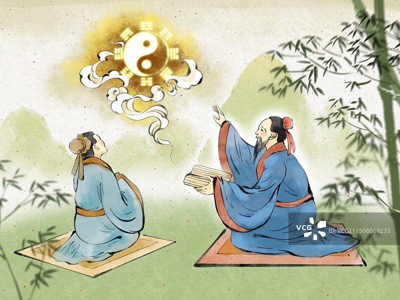 古代讲学教学插画，孔子在户外山水间讲易经太极八卦国学中医传统文化算命占卜运势命运。图片素材