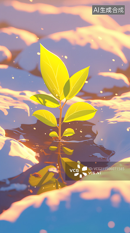 【AI数字艺术】冬季白天晴朗低面多边形雪水中一株嫩芽插画图片素材