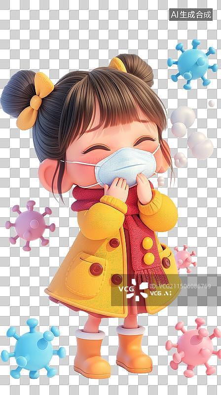 【AI数字艺术】戴着口罩生病的小女孩图片素材