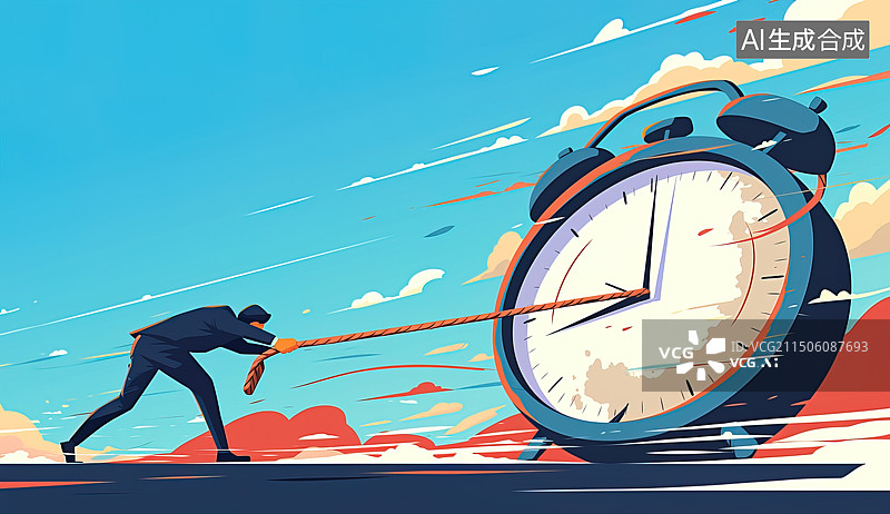 【AI数字艺术】商人拉动巨大时钟，象征时间管理和效率。现代简约风格的动态插画图片素材