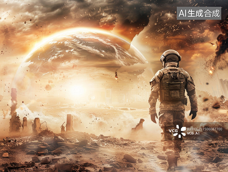 【AI数字艺术】未来战士， 高清的游戏原画科幻感场景，背景是辽阔的天地，中景是战后废墟，前景有一位男性未来战士图片素材
