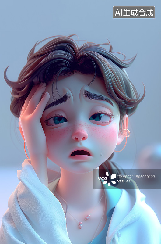 【AI数字艺术】一个可爱中国人在感冒发烧头疼的症状表现的极简3D插画，图片素材