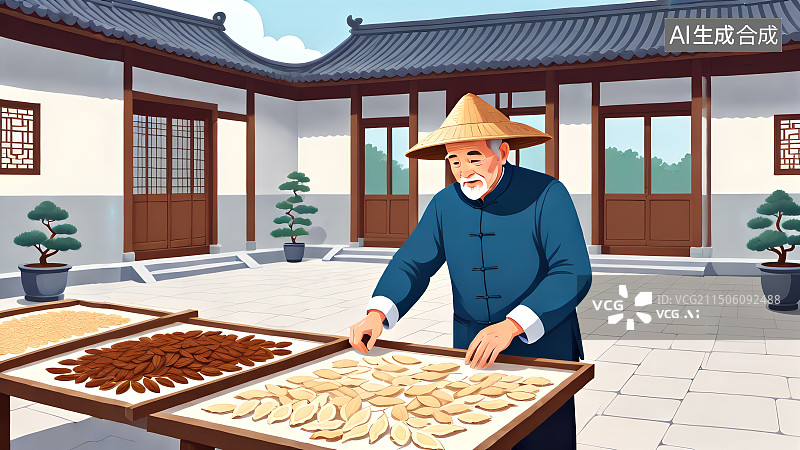 【AI数字艺术】中国风手绘漫画人物形象，在院子里晾晒中药材的老人，庭院，老爷爷，中药，药材，中草药，中医，传统文化图片素材