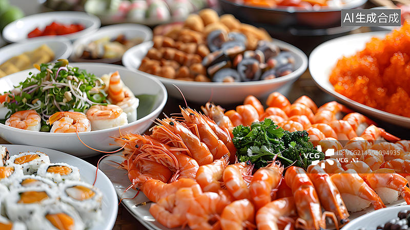 【AI数字艺术】新鲜海鲜拼盘，包含寿司和虾图片素材