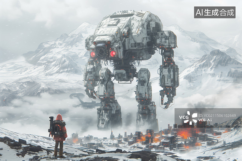 【AI数字艺术】游戏原画科幻感场景，一位男性未来战士看向战争废墟图片素材