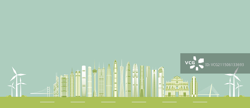 绿色粤港澳大湾区城市天际线建筑矢量插画，粤港澳大湾区绿色智能插画图片素材