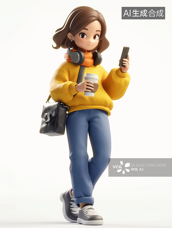 【AI数字艺术】拿着咖啡手机的年轻女性图片素材