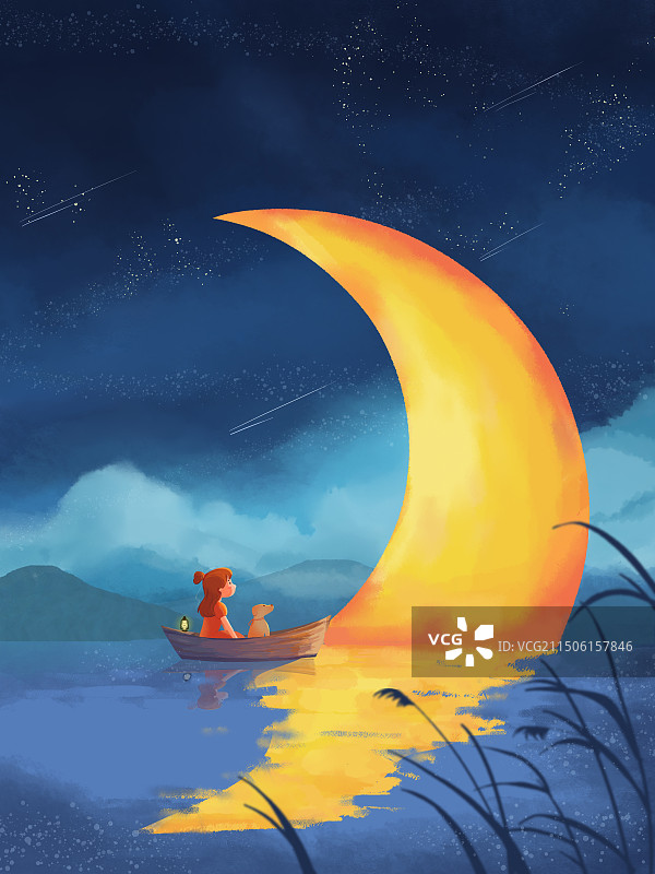 夏夜游船 女孩与月亮图片素材