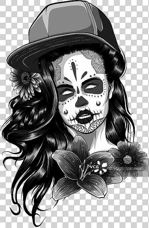 戴花帽的单色糖骷髅女人图片素材