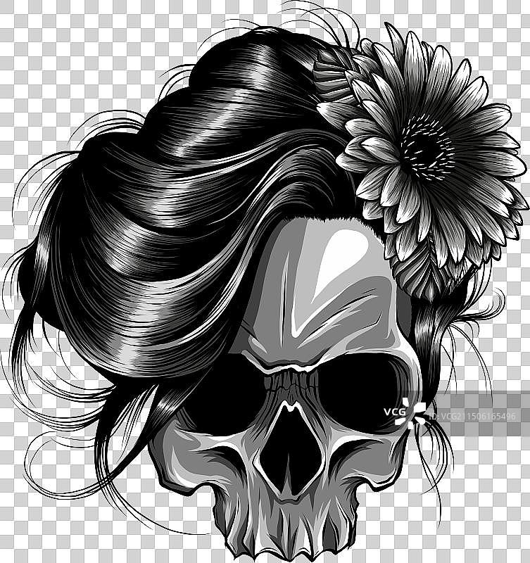 带有女性头骨和花朵图案的单色设计图片素材