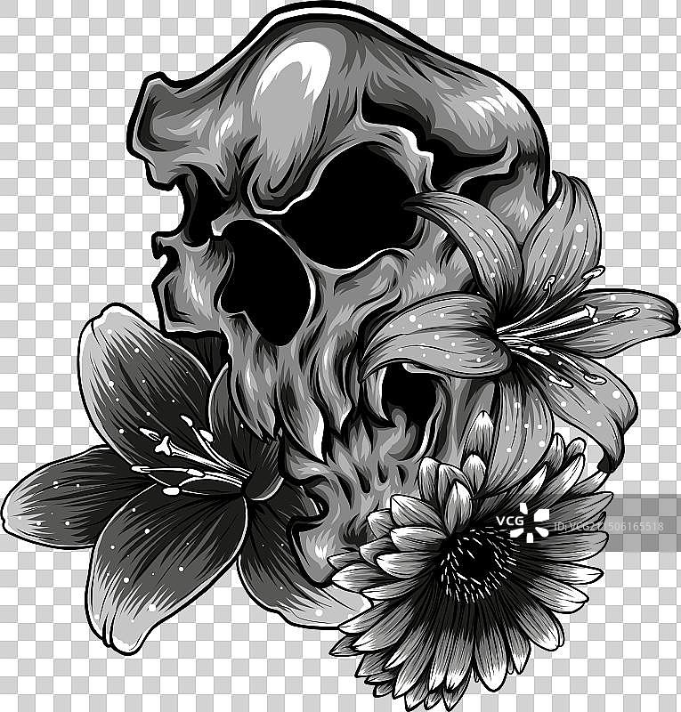 倾斜的骷髅花朵单色图图片素材