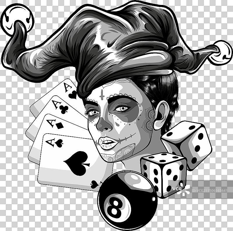 拿着八号球牌的单色小丑女人图片素材