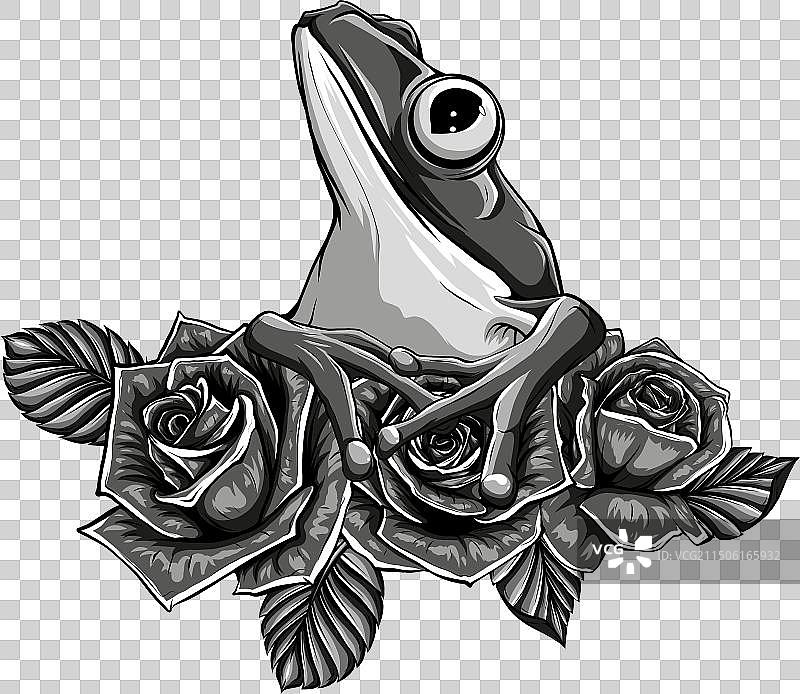 叶子和玫瑰的青蛙黑白素描图片素材