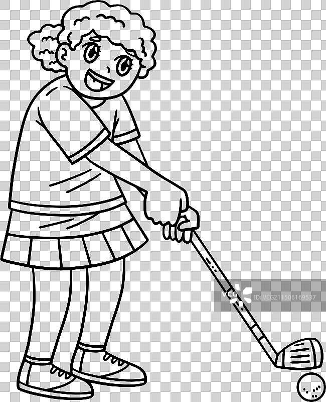 瞄准的女性高尔夫球手，独立着色页图片素材