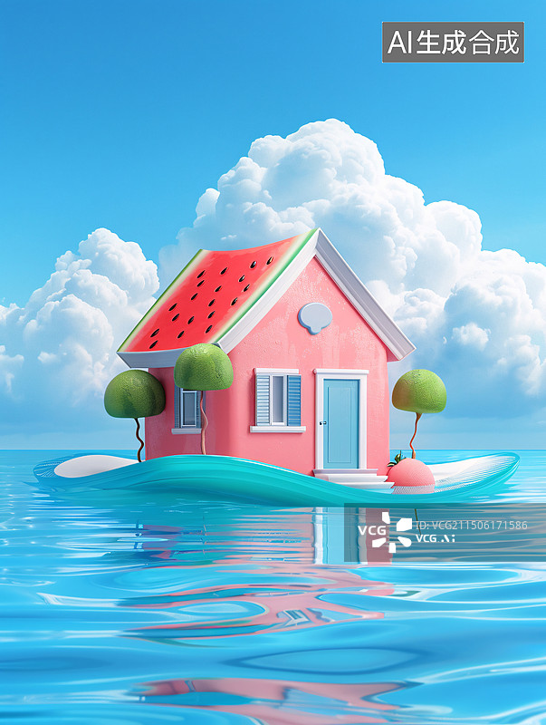 【AI数字艺术】夏至节气西瓜屋避暑夏天美食水果3D插画图片素材