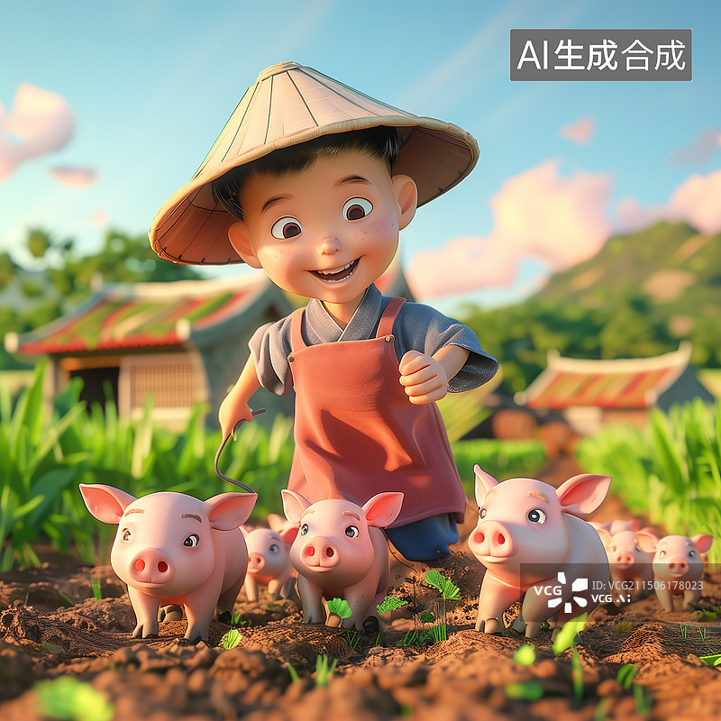 【AI数字艺术】卡通动画戴草帽的小孩赶着一群小猪插图插画图片素材