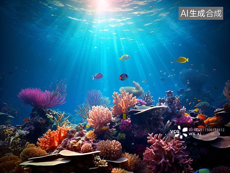 【AI数字艺术】阳光照在海底水生动植物图片素材