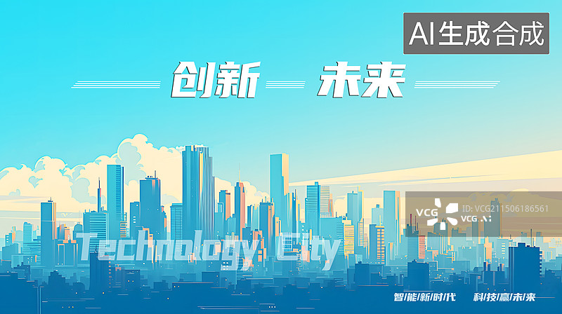 【AI数字艺术】AIGC：蓝色科技城市智慧城市房地产海报模版图片素材