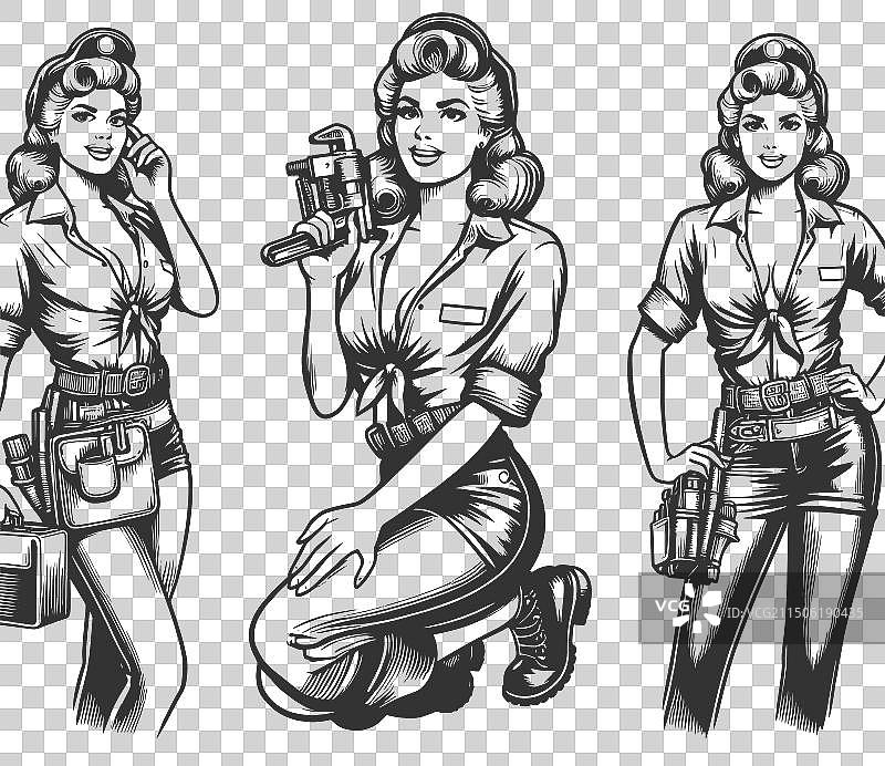 女管道工和工具雕刻素描图片素材