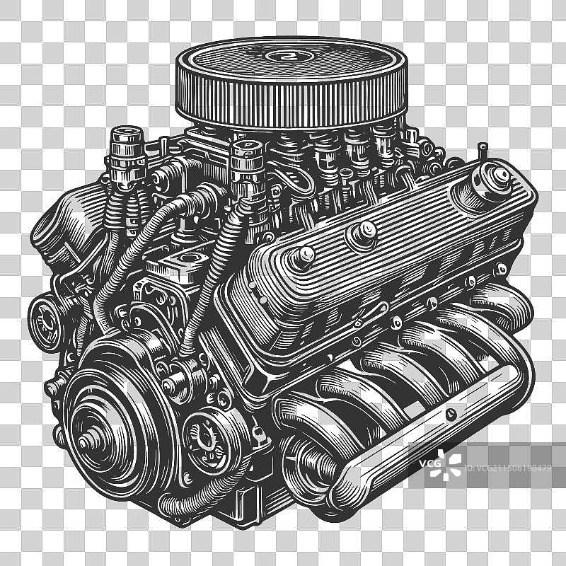 经典汽车引擎雕刻细节图片素材