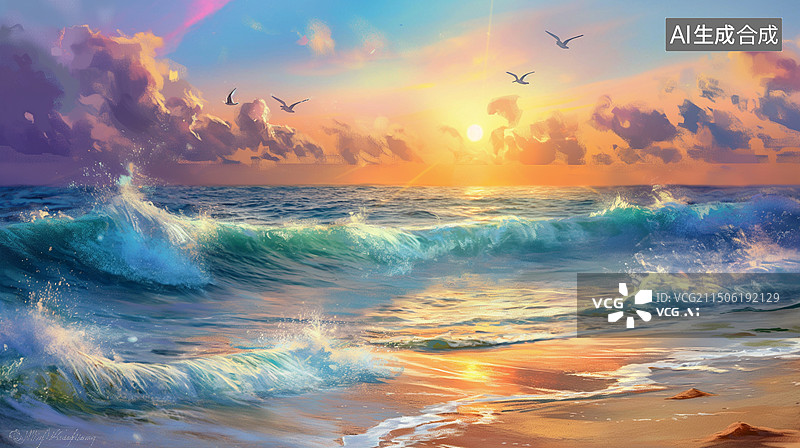 【AI数字艺术】海边日出日落图片素材