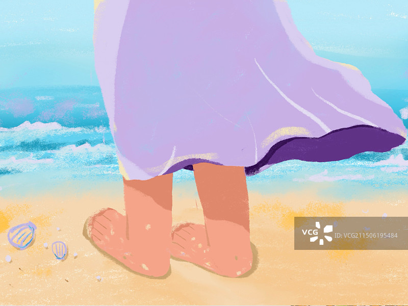 手绘风治愈插画海边沙滩吹风图片素材