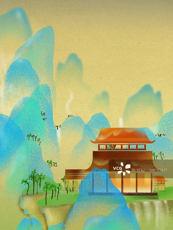 手绘风插画中国风山水亭子图片素材