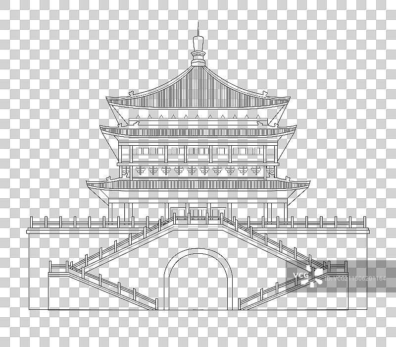 国风陕西西安城市印象地标建筑西安钟楼线稿图片素材