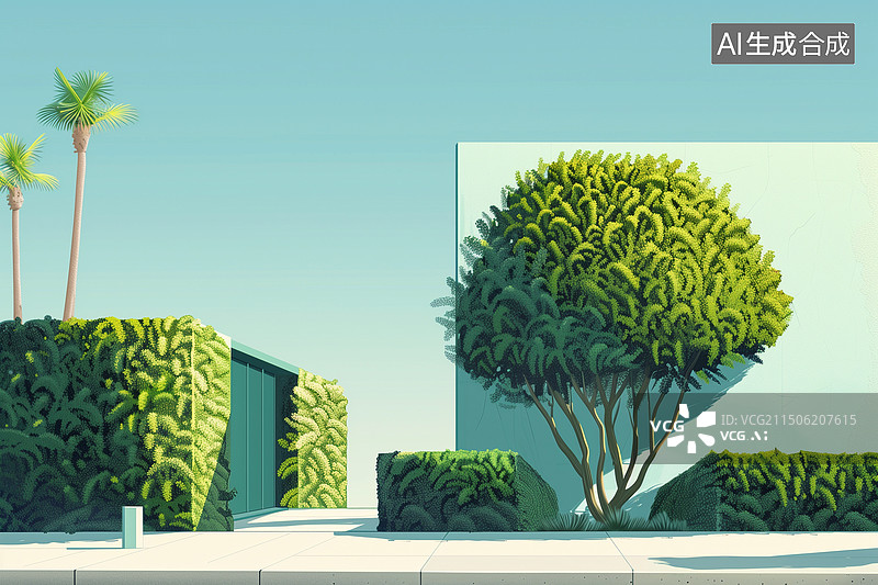 【AI数字艺术】白天超现实主义园林建筑绿色植物景观3D插画图片素材