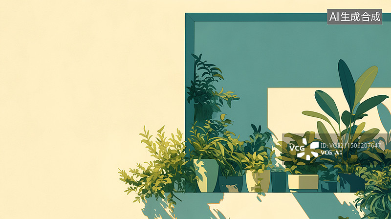 【AI数字艺术】白天超现实主义园林建筑绿色植物景观3D插画图片素材