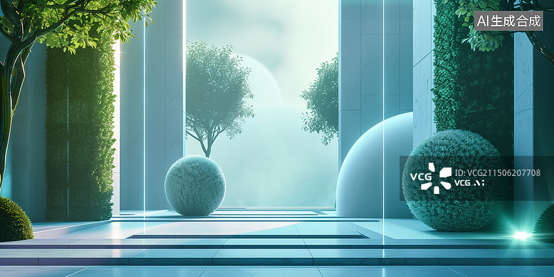 【AI数字艺术】夜晚超现实主义园林建筑绿色植物景观3D插画图片素材