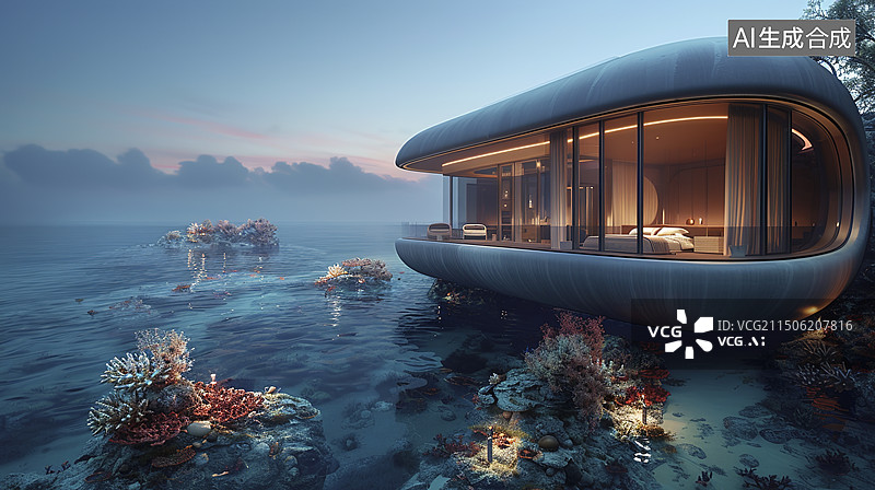 【AI数字艺术】水边酒店艺术建筑景色图片素材