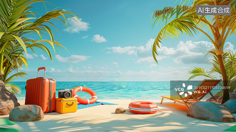 【AI数字艺术】3D渲染卡通风格的沙滩椅和棕榈树图片素材