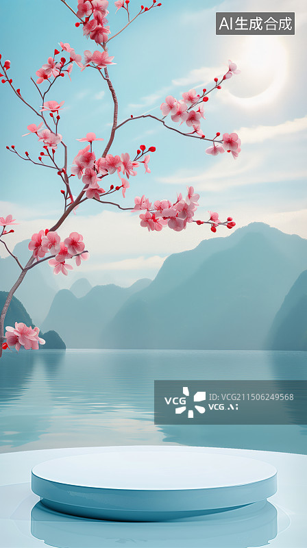 【AI数字艺术】3D粉色樱花高山湖面圆形电商产品展台图片素材