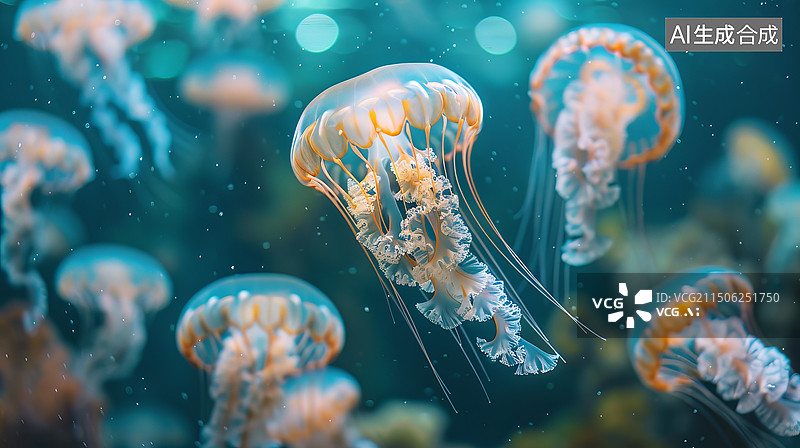 【AI数字艺术】海底彩色发光的水母图片素材