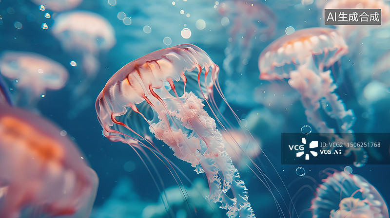 【AI数字艺术】海底彩色发光的水母图片素材