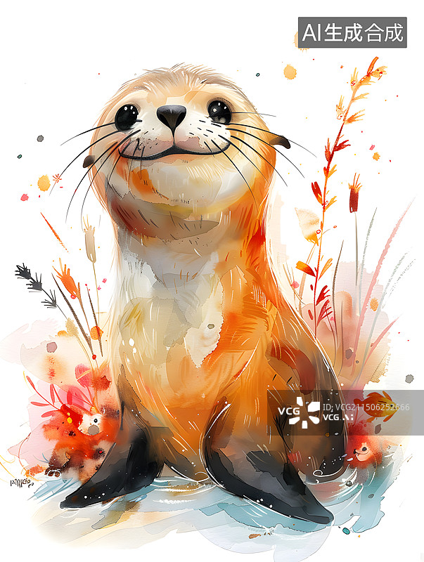 【AI数字艺术】水彩卡通插画一只可爱的小海豹图片素材