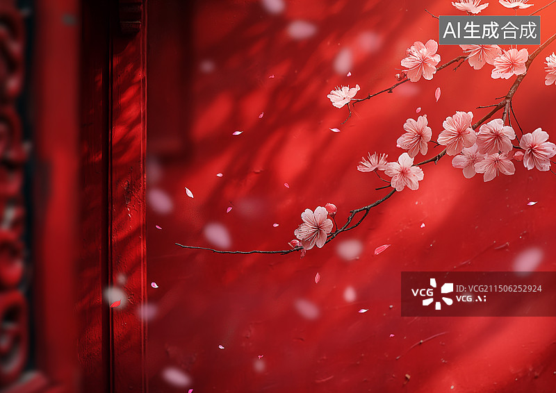 【AI数字艺术】中国风传统古建筑红色背景盛开桃花图片素材