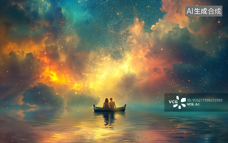 【AI数字艺术】两个人在梦幻的湖面上泛舟游船图片素材