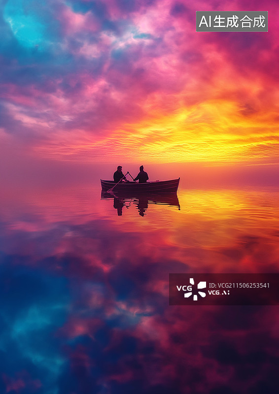 【AI数字艺术】两个人在梦幻的湖面上泛舟游船图片素材
