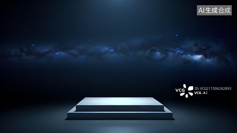 【AI数字艺术】深蓝色宇宙太空星空背景上的电子商务产品展示台，广告背景图，展示空间，展台图片素材