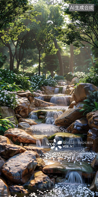 【AI数字艺术】森林里的小溪图片素材
