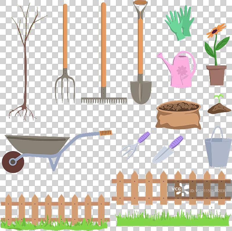 花园工具与树苗和新鲜春天图片素材
