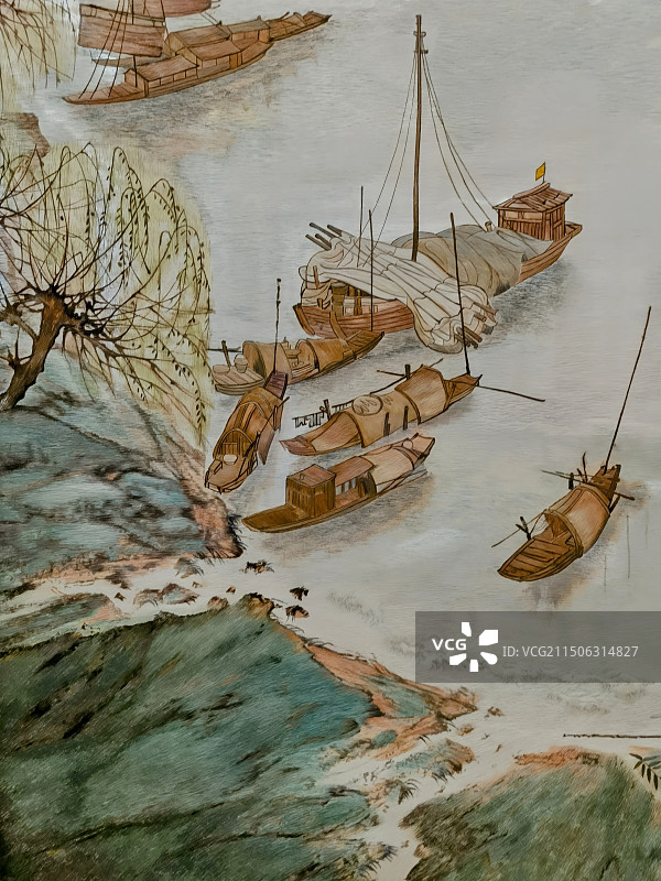 湘绣双面锈《天下洞庭》绣幅部分高角度视图摄于人民大会堂湖南厅图片素材