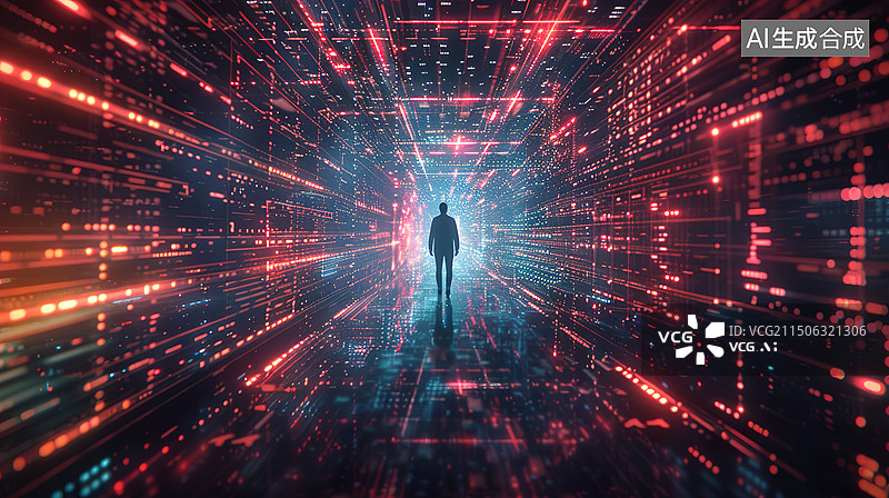 【AI数字艺术】一个人站在未来虚拟网络数据空间背景插画图片素材