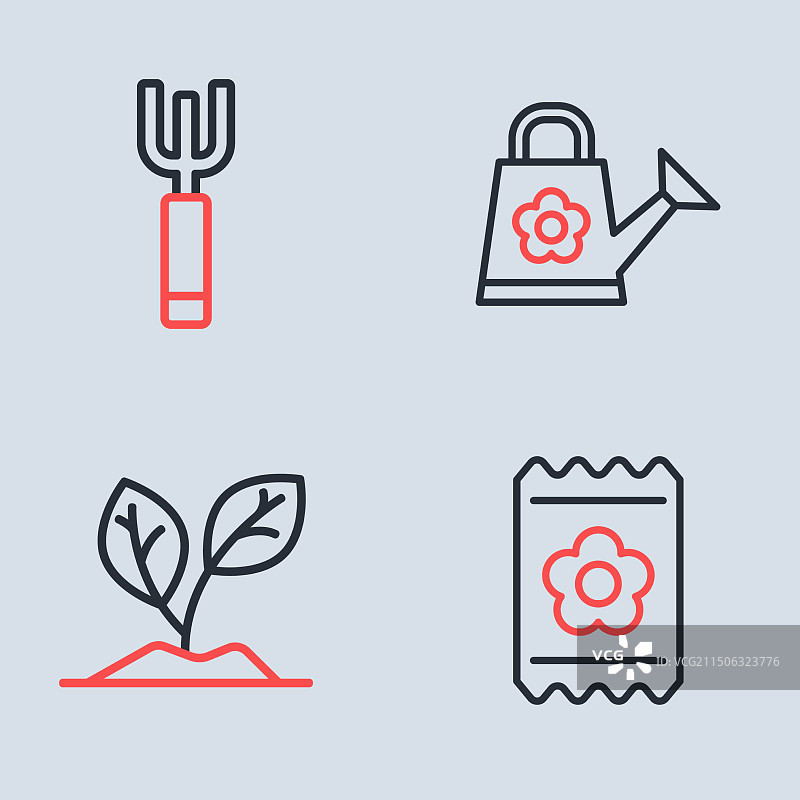 浇水壶、幼苗和种子包线条图标套装图片素材